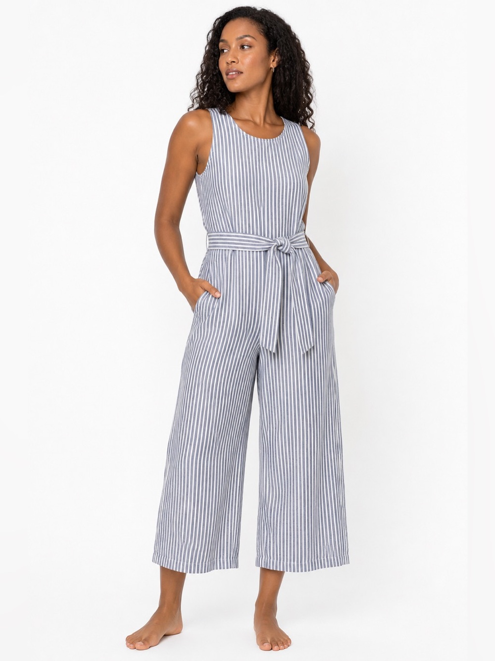 Tahari Linen Blend Cropped Wide Leg Jumpsuit